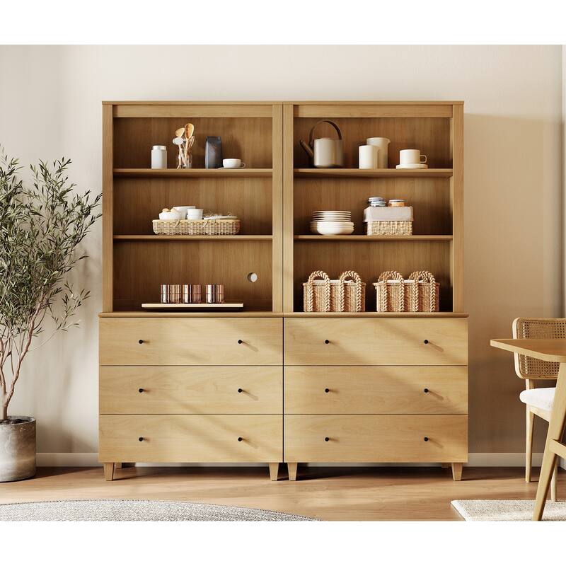Modern 71" Tall Pantry Cabinet with Drawers & Adjustable Shelf for Kitchen - 6 Drawers - Oak Wood