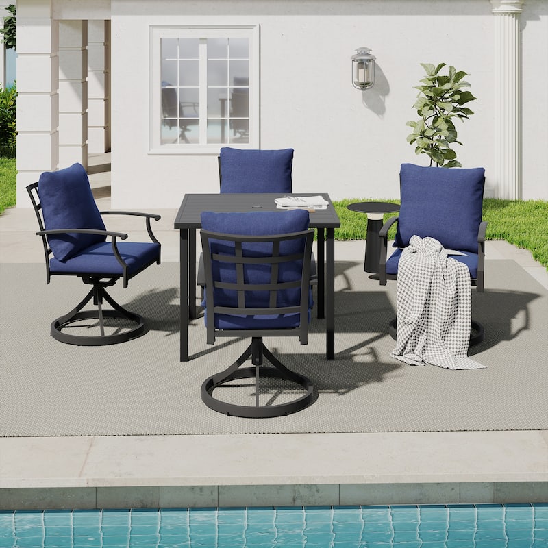 IvyGlow 5-Piece Black Metal Patio Dining Set with Square Table, 4 Swivel Dining Chairs and Gray Cushions