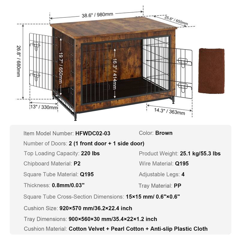 Dog Crate Furniture, Wooden Dog Crate with Double Doors, Heavy-Duty Dog Cage End Table with Multi-Purpose Removable Tray