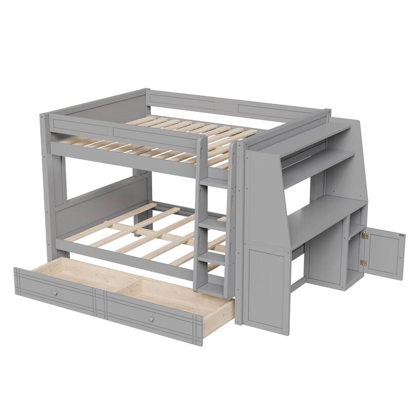 Full Size Multifunctional Bunk Bed Frame with Bookshelves, Desk and Cabinet, Optional with Pull-out Drawers or Trundle Bed