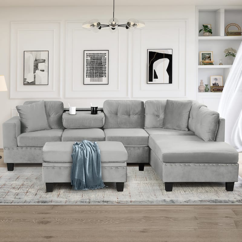 Roomfitters Sectional Sofa with Storage Ottoman, Reversible Chaise, Cup Holders and 2 Pillows for Living Room