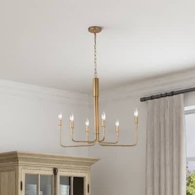 Mid-Century Modern 6-Light Candle Gold Chandelier for Dining Room - L25'' x W14'' x H83.5''