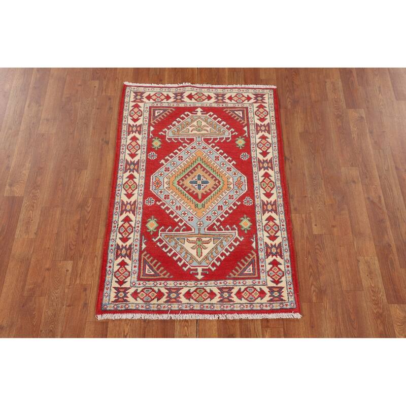 Geometric Red Kazak Oriental Accent Rug Handmade Foyer Wool Carpet - 2'7" x 3'10"
