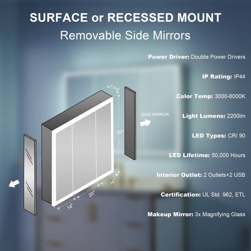 30'' H Recessed or Surface Frameless LED Mirror Cabinet With Defogger, Dimmer, Outlets & USB Ports 