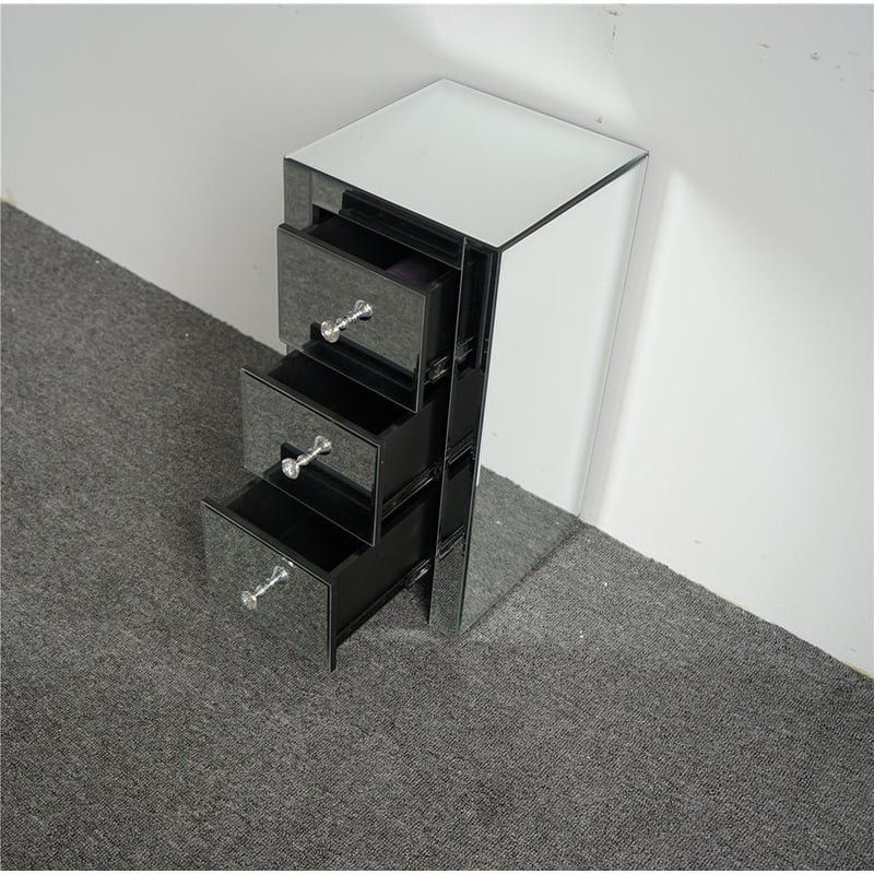 Mirrored Glass Bedside Table with Three Drawers