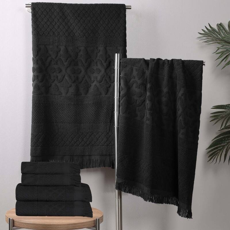 Superior Rolla Cotton Geometric Jacquard Plush Soft 6 Piece Towel Set - Black