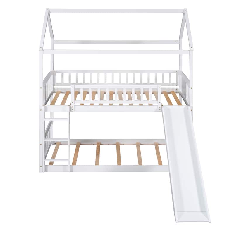Modern Funny Castle House Bed Twin Over Twin Bunk Bed with Roof, Slide, Ladder and Safety Guardrail, Solid Wood Panel Bed