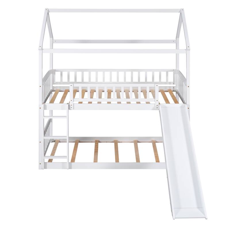 Twin Over Twin Bunk Bed with Slide, House Bed, White