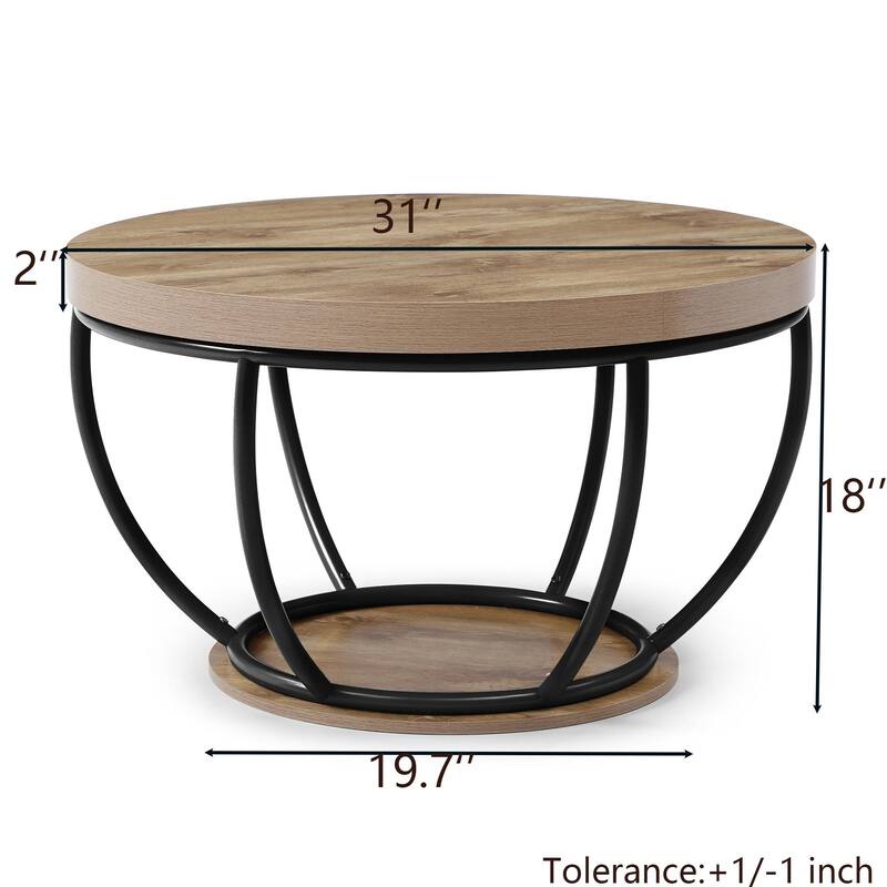 31" Round Industrial Coffee Table with 2-Tier Storage Shelves, Modern Wood & Black Metal Accent Center Table