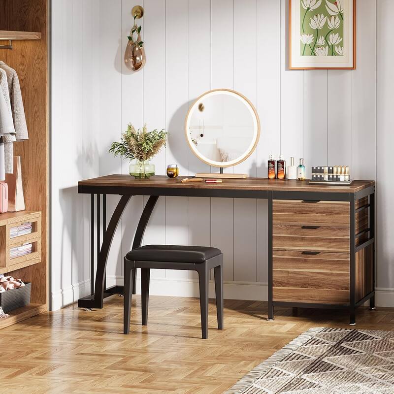 Vanity Desk 59" Dressing Table, Chic Makeup Desk with 3 Reversible Drawers for Bedroom, Home Room