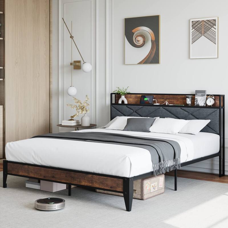 Upholstered Headboard with Charging Station and Storage Shelf