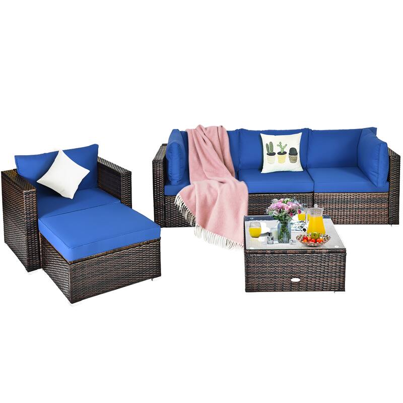 Costway 6PCS Patio Rattan Furniture Set Sofa Coffee Table Ottoman Navy - See Description