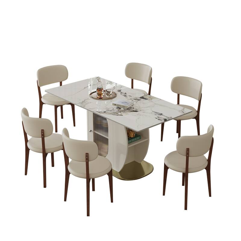 7-Piece Kitchen Table Set with 6 Velvet Chairs, Dining Table Set with Storage Cabinets for Dining Room