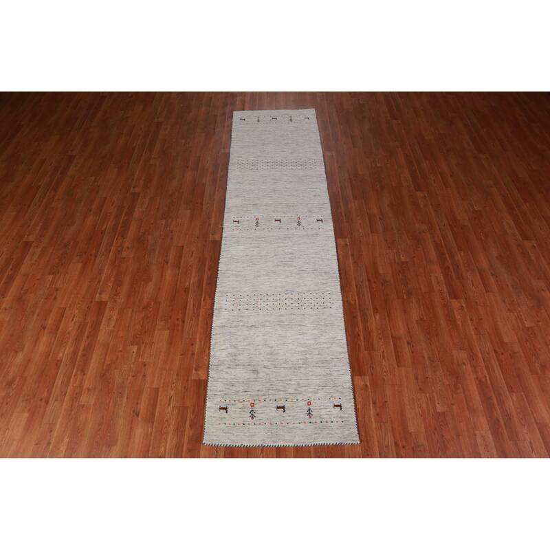 Tribal Gabbeh Indian Runner Rug Hand-Knotted Beige Wool Carpet - 2'6" x 9'10"