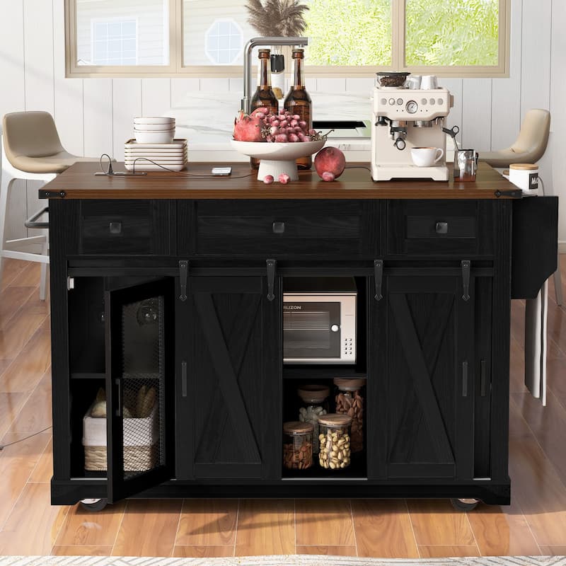 58" Farmhouse Kitchen Island with Sliding Barn Door, Drop Leaf & Storage, Mobile on 5 Wheels - Black