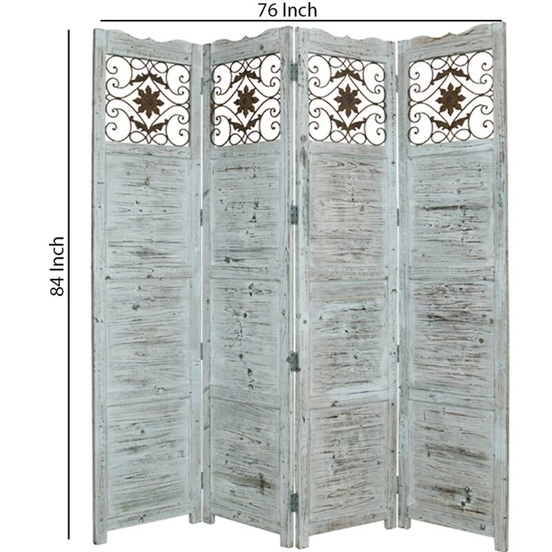 Wooden 4 Panel Screen with Textured Panels and Scrolled Details, White