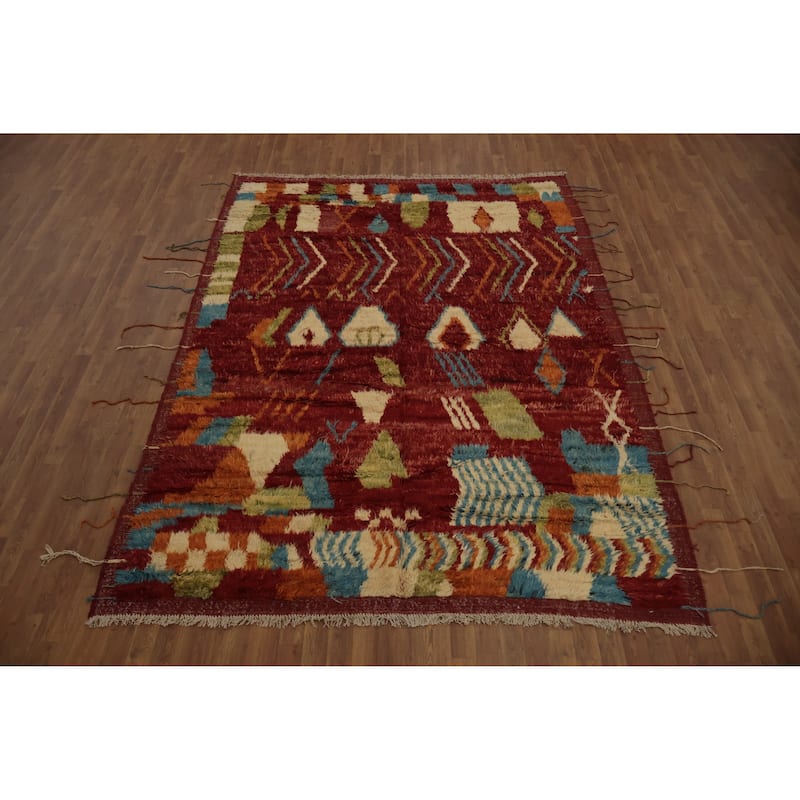 Hand Knotted Oriental 100% Wool Carpet Modern Tribal Red Moroccan Area Rug - 9' 8'' X 7' 1''