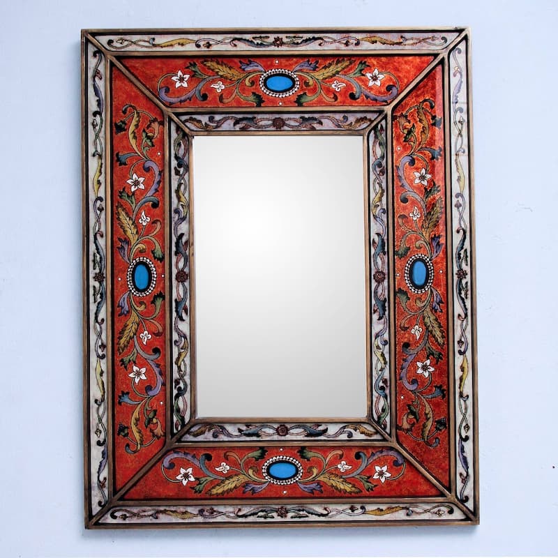 NOVICA Cajamarca Handmade Red Rectangular Floral Baroque Wall Mirror