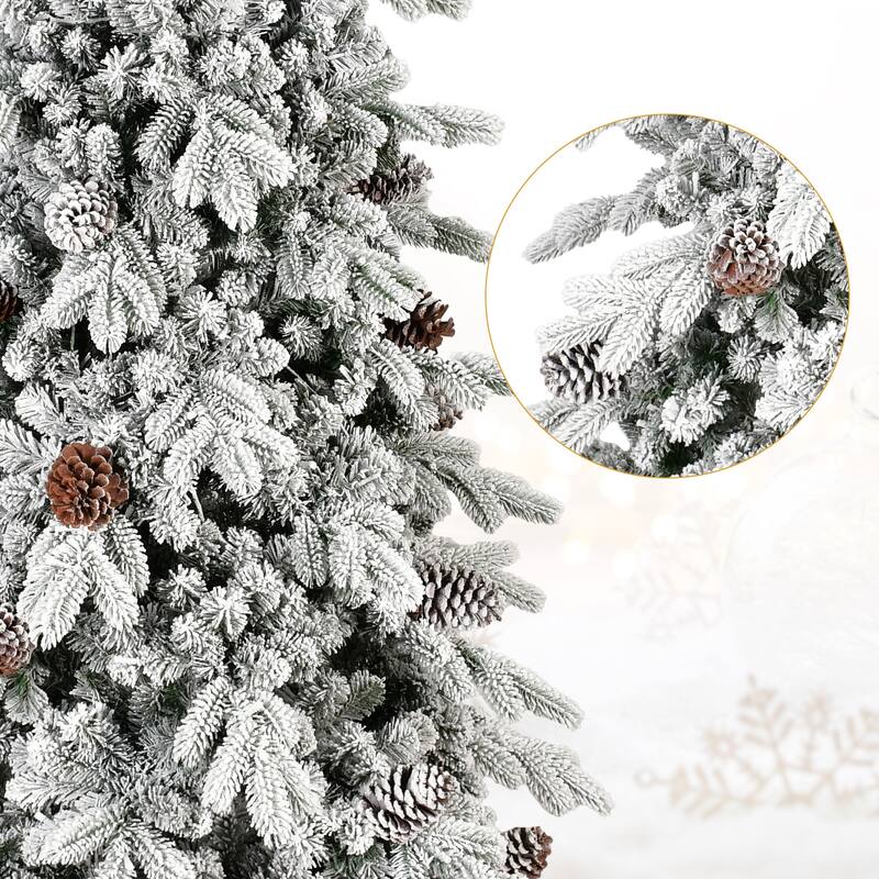 7.5 FT Flocked PE/PVC Christmas Tree with 40 Natural Pine Cones-1424 Tips, Space-Saving Design, Hinged Branches