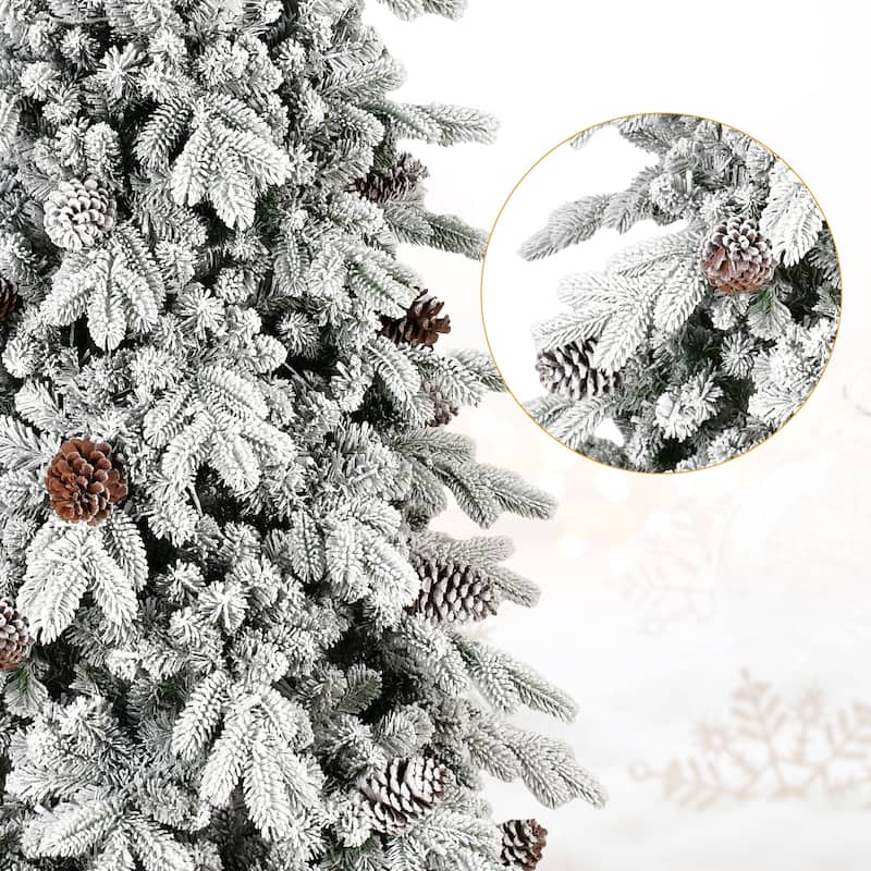 Flocked PE/PVC Christmas Tree - Pine Cones, Hinged Branches, Metal Stand, Snowy Look - White+Green