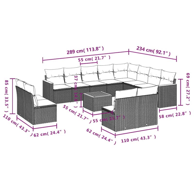 vidaXL Patio Sofa Set with Cushions Outdoor Conversation Furniture Poly Rattan - 24.4 x 24.4 x 27.2 in