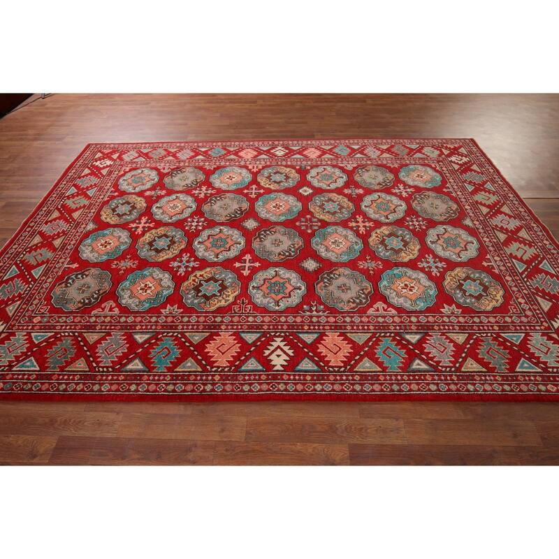 All-Over Red Geometric Kazak Area Rug Handmade Wool Carpet - 6'5" x 9'9"