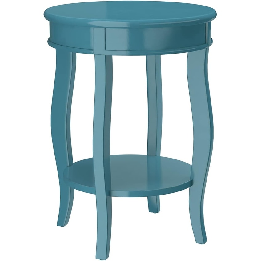 Wooden Round End Table with Bottom Shelf in Teal