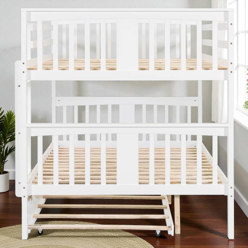 Full over Full Wood Bunk Bed with Storage Drawers and Ladder, Convertible Beds with Guardrails for Bedroom or Guest Room