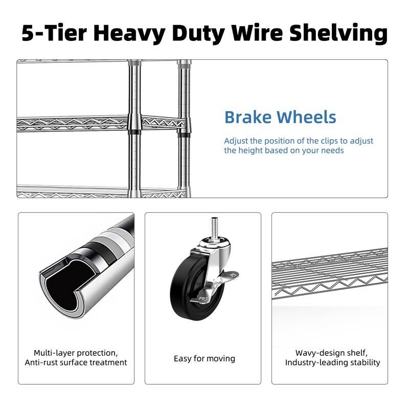5-Shelf Storage Shelves, Wire Shelving Heavy Duty Metal Storage Shelving Unit Adjustable Garage Shelving Rack
