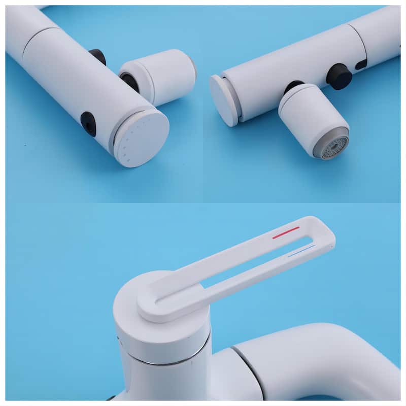 Modland 5-Way LED Bathroom Sink Faucet Single Hole with Pull Out Spray in White/Chrome