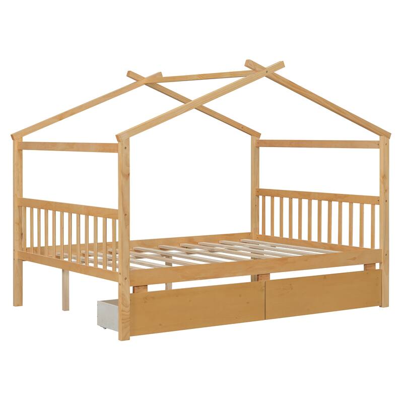 Full Size Wooden House Bed with Drawers, Natural Finish, Sturdy Pinewood Construction
