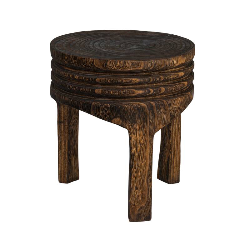 Paulownia Wood Carved Stool - Dark Brown Stained