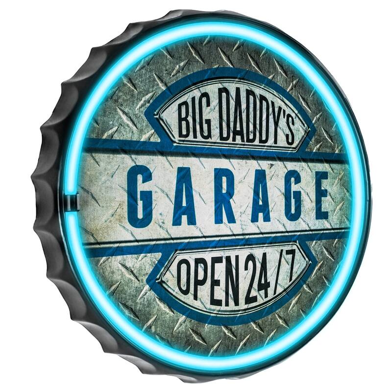 American Art Decor Big Daddy's Garage Bottle Cap Shaped LED Light Up Sign Wall Decor for Man Cave Bar Garage - Grey