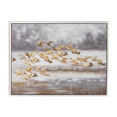 Canvas Bird Framed Wall Art with Silver Frame - Gold - Roche River Decor