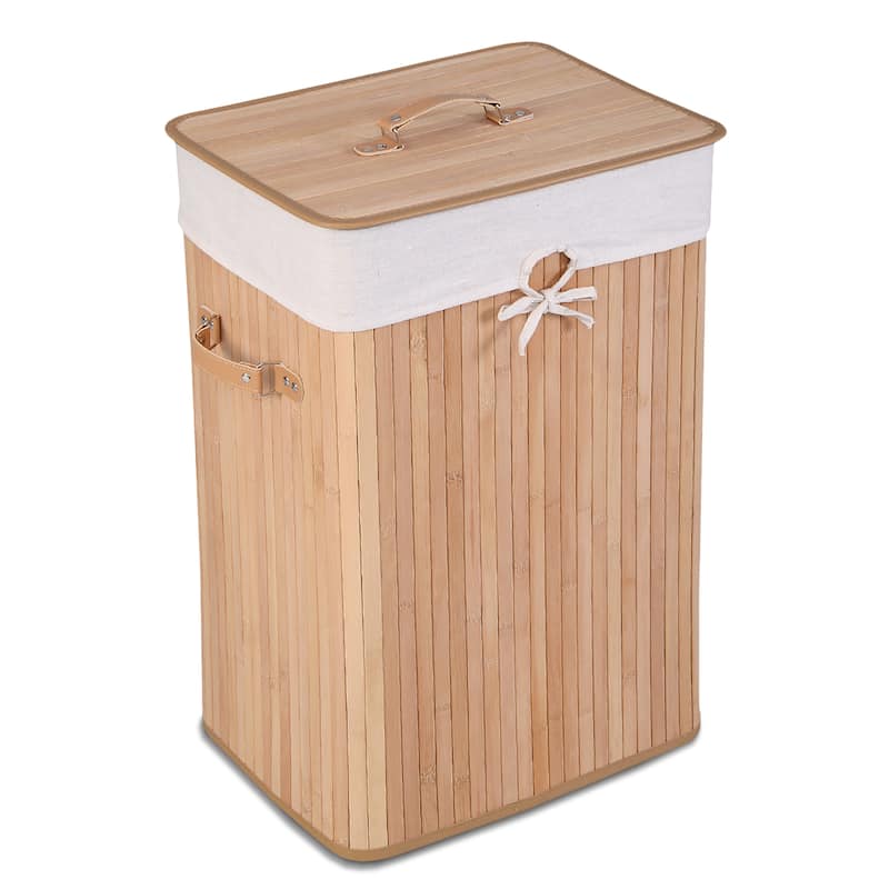 Costway Rectangle Bamboo Hamper Laundry Basket Washing Cloth Bin Bag - See Details - Multi