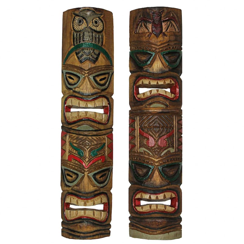 Zeckos 24 Inch Double Tiki Mask Carved Wood Wall Sculptures (Set Of 5)