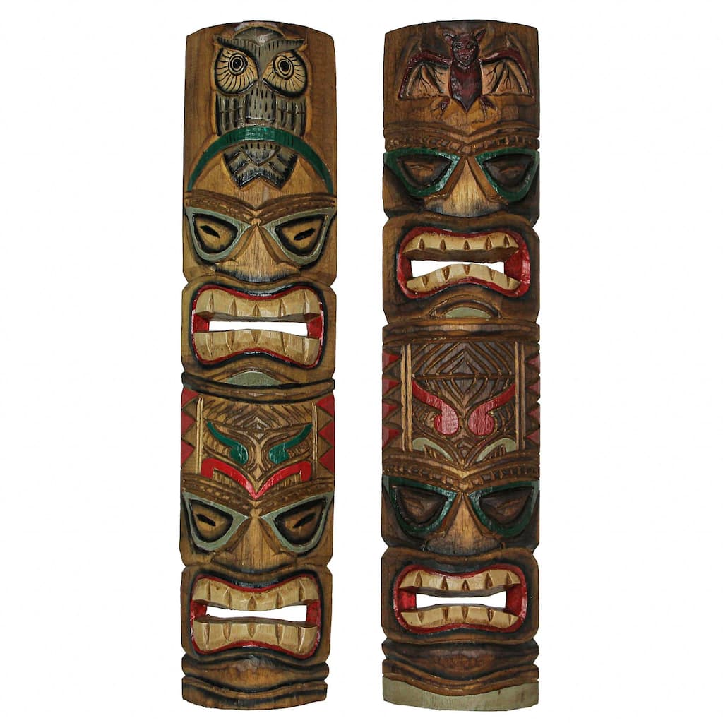 Zeckos 24 Inch Wood Double Tiki Mask Totem Wall Sculptures (Set Of 2)