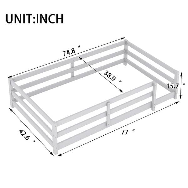 dimension image slide 2 of 3, Twin Size Floor Bed with Safety Guard Rails, Wooden Montessori Bed Frame for Kids Teens for Kids, Girls, Boys