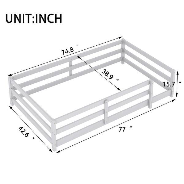 dimension image slide 1 of 3, Twin Sturdy Structure Wood Floor Bed with Guardrail and Fence for Kids, Montessori Bed