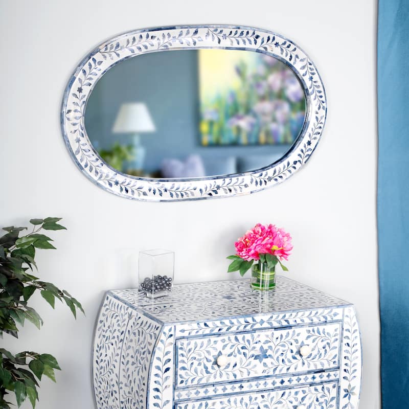 Trubadur 40"W x 24"H Oval Bone Inlay Decorative Wall Mirror - White & Blue
