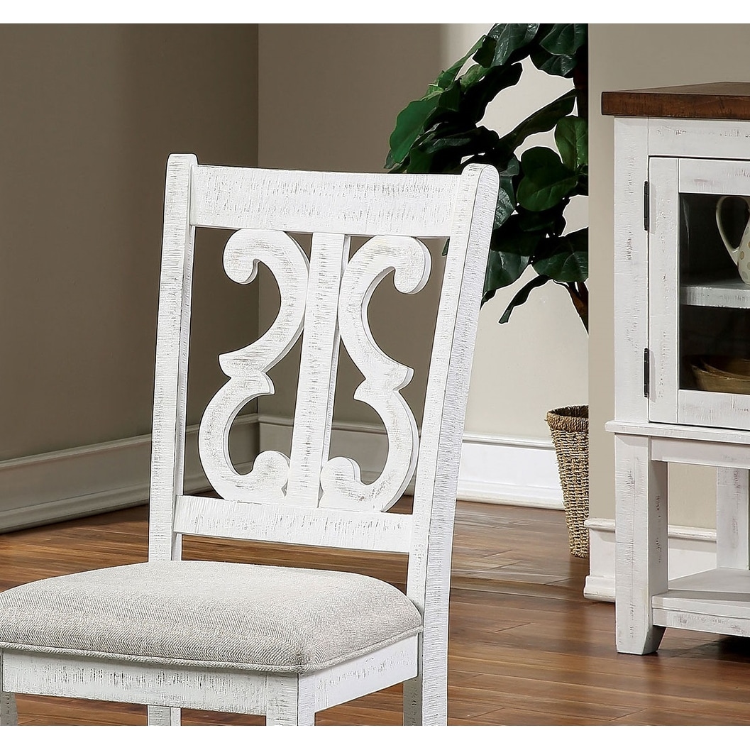 Distressed White Dining Chairs Set of 2 with Gray Fabric Cushioned Seats and Decorative Wood Backs Bed Bath Beyond 41441919