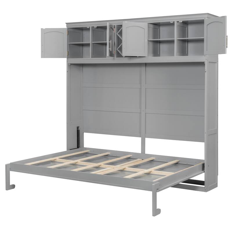 Roomfitters Queen Murphy Wall Bed with Top Cabinets and Wine Rack Storage Plywood