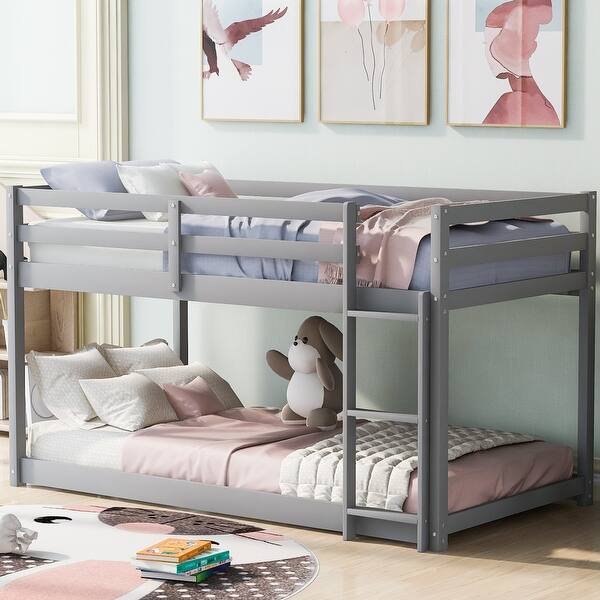 slide 2 of 8, Twin Over Twin Wood Kids Low Bunk Bed with Ladder, Floor Bunk Bed Frame for Boys Girls, No Box Spring Needed, Easy Assembly,Grey Grey - Twin