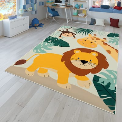 Kids Rug Play-Mat with Giraffe Lion & Monkey in Beige