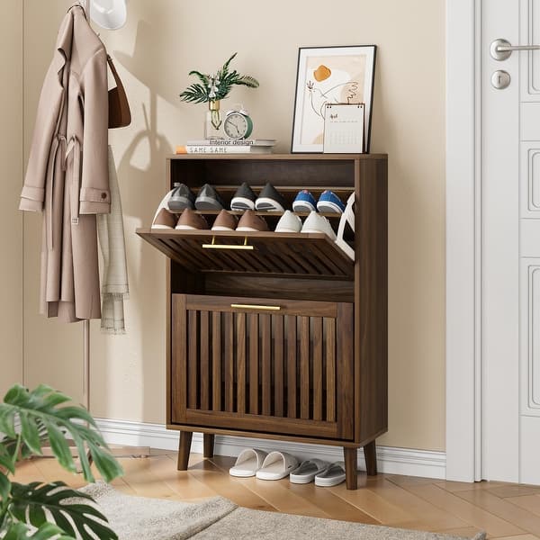 slide 2 of 14, Shoe Cabinet, Shoe Storage Cabinet with Louvered 2 Flip Drawers, Freestanding Shoe Organizer Cabinet Walnut 23.6" W