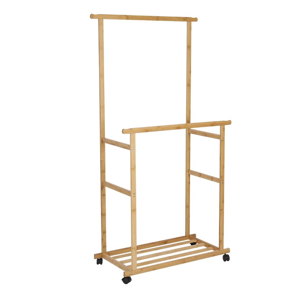 Clothes Rail Rack with Wheels and Wicker Storage Shelves - 31.5” x 15.7” x 63”