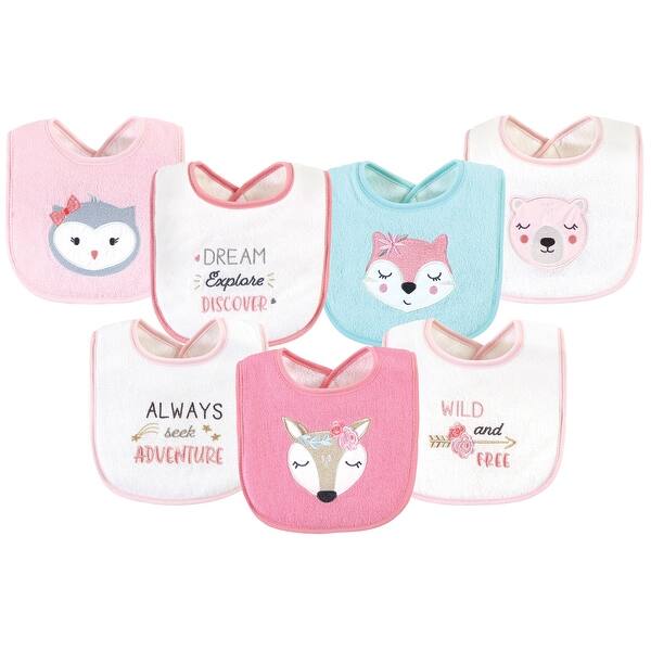 slide 1 of 1, Hudson Baby Infant Girl Cotton Terry Drooler Bibs with Fiber Filling, Pink Girl Woodland, One Size One Size - Pink Girl Woodland