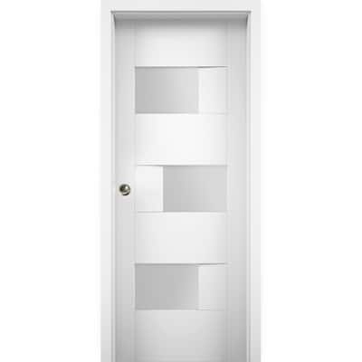 Sliding Pocket Door with Opaque Glass / Sete 6933 White Silk / Kit Rail Hardware / MDF Interior Bedroom Modern Doors