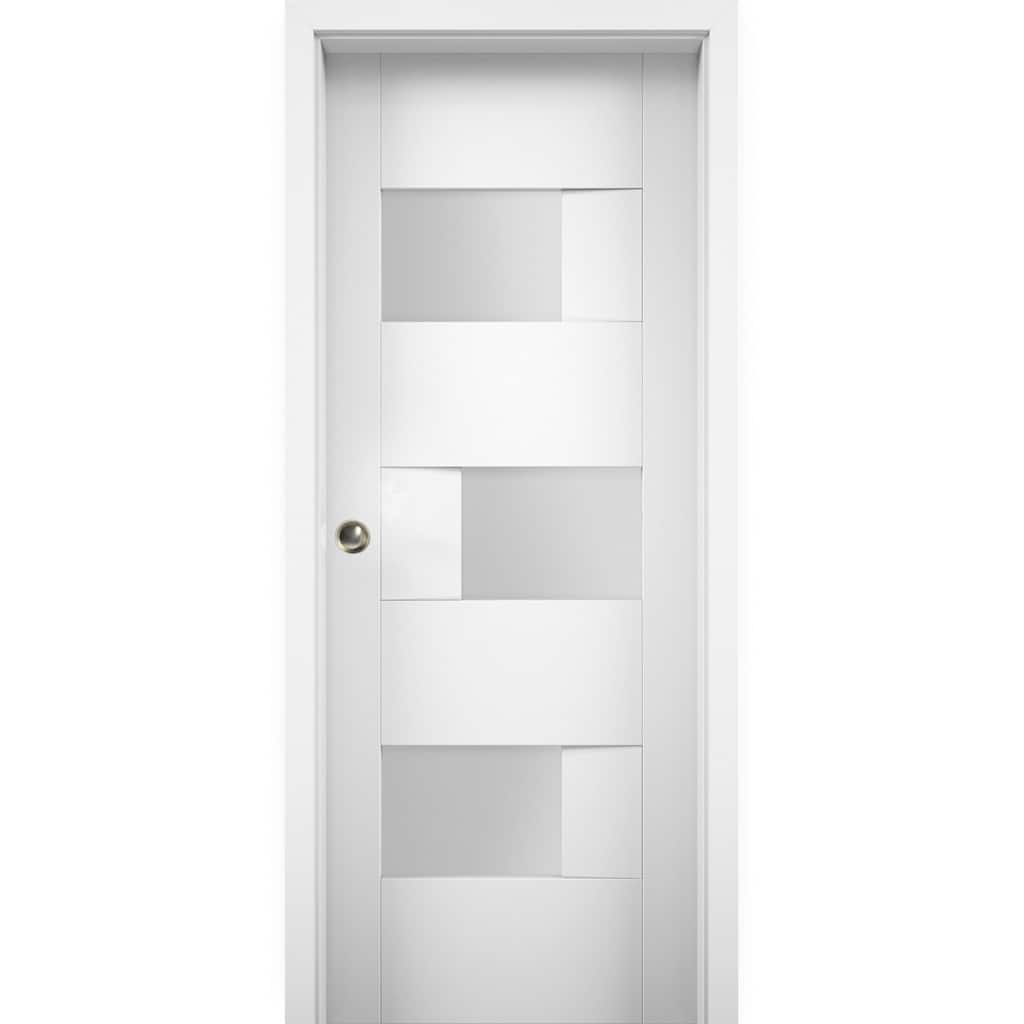 Sliding Pocket Door with Opaque Glass / Sete 6933 White Silk / Kit Rail Hardware / MDF Interior Bedroom Modern Doors