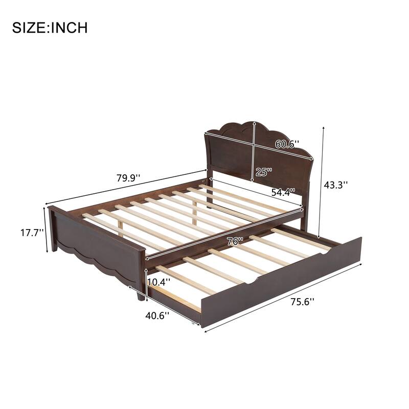 Single Bed Wood Platform Bed with Wave Shape Headboard and Footboard, Twin Size Trundle Bed Underneath No Box Spring Needed
